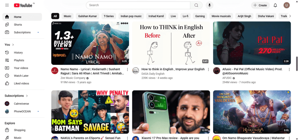YouTube home page