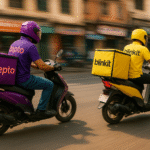 Zepto vs Blinkit Delivery riders racing on scooters.