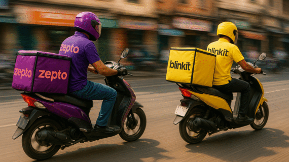 Zepto vs Blinkit Delivery riders racing on scooters.