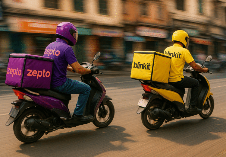 Zepto vs Blinkit Delivery riders racing on scooters.