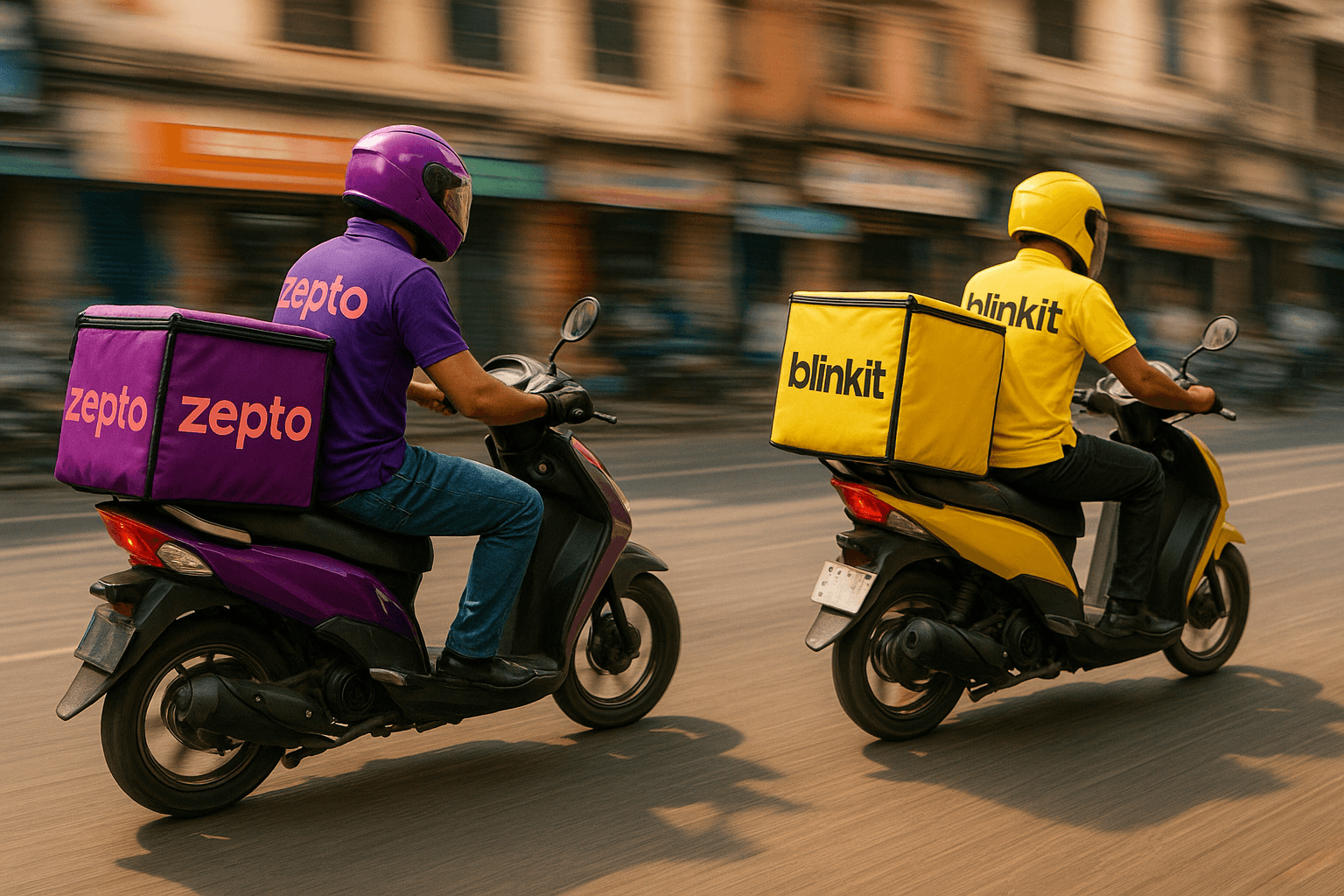 Zepto vs Blinkit Delivery riders racing on scooters.