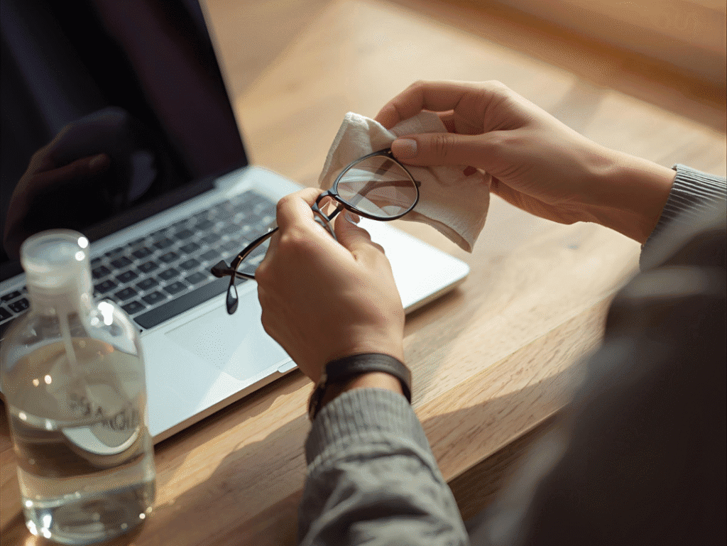 cleaning glasses with microfiber cloth